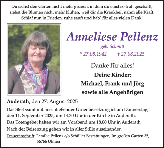 Traueranzeige von Anneliese Pellenz von WochenSpiegel