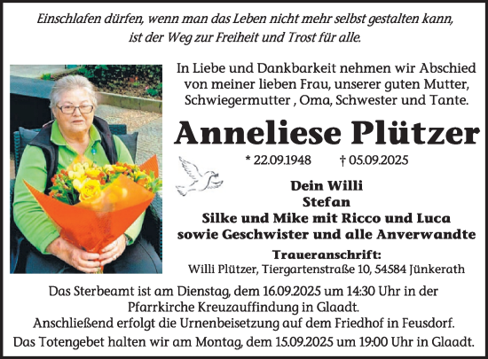 Traueranzeige von Anneliese Pljützer von WochenSpiegel