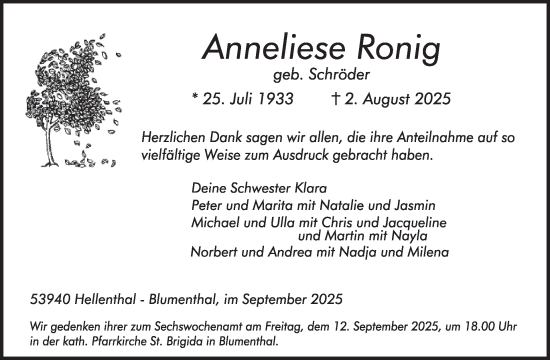 Traueranzeige von Anneliese Ronig von WochenSpiegel