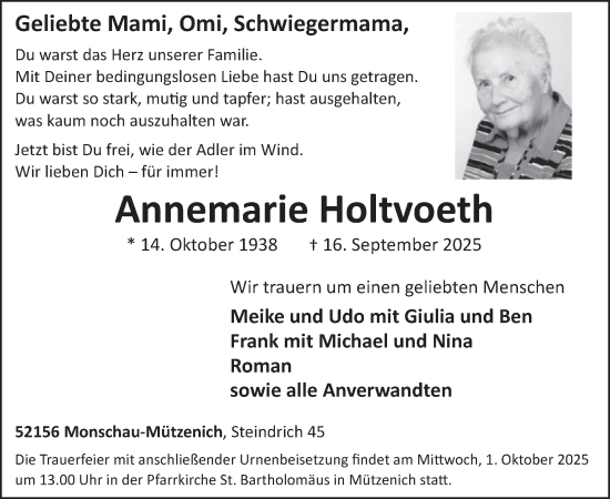 Traueranzeige von Annemarie Holtvoeth von WochenSpiegel