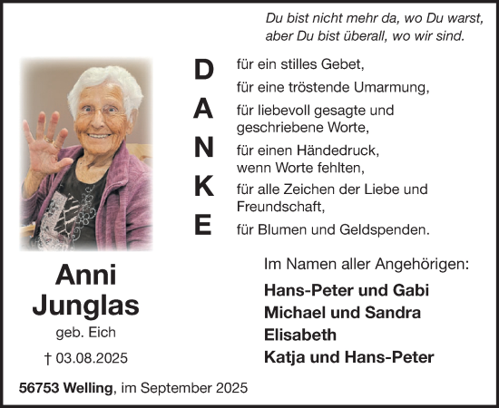 Traueranzeige von Anni Junglas von WochenSpiegel