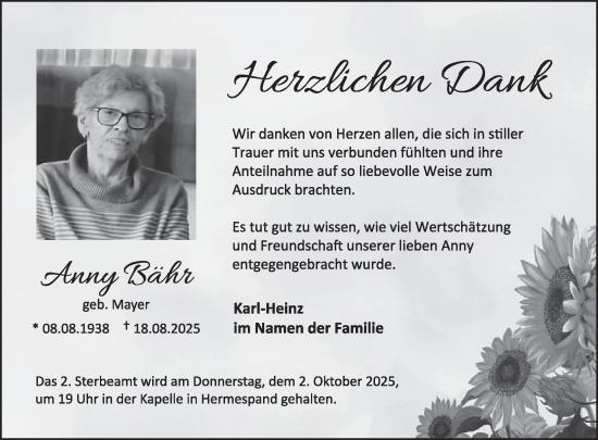 Traueranzeige von Anny Bähr von WochenSpiegel