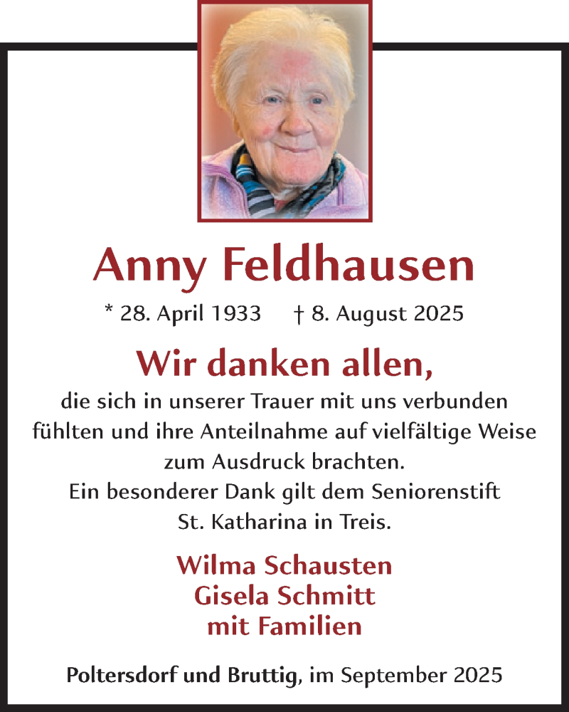  Traueranzeige für Anny Feldhausen vom 17.09.2025 aus WochenSpiegel