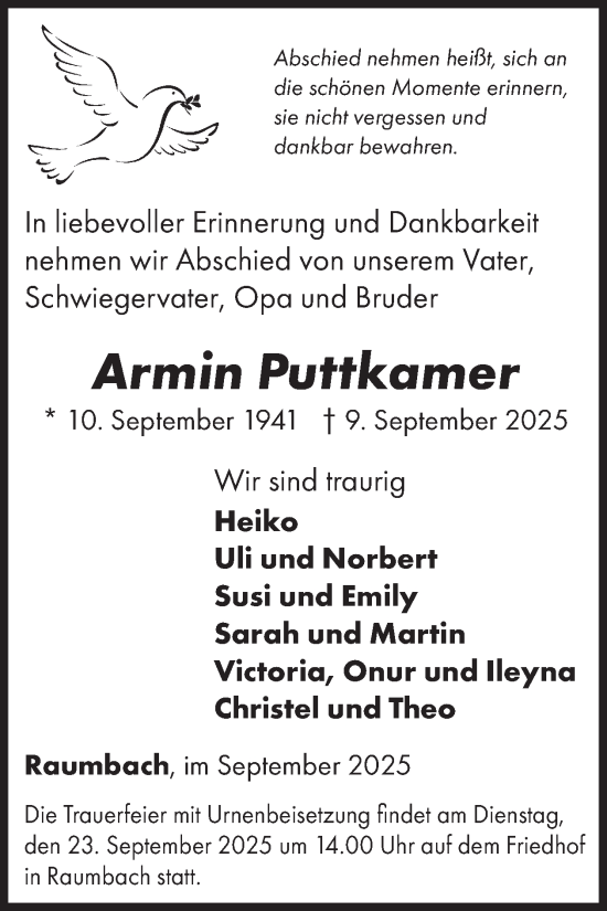 Traueranzeige von Armin Puttkamer von WochenSpiegel