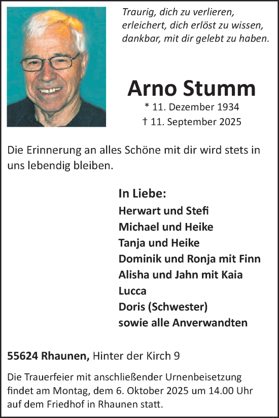 Traueranzeige von Arno Stumm von WochenSpiegel