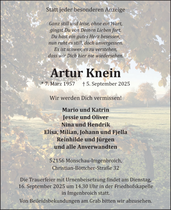 Traueranzeige von Artur Knein von WochenSpiegel