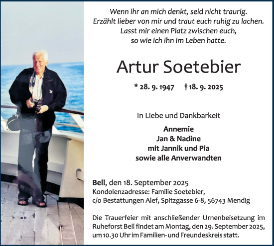 Traueranzeige von Artur Soetebier von WochenSpiegel
