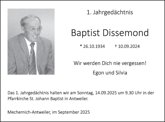 Traueranzeige von Baptist Dissemond von WochenSpiegel