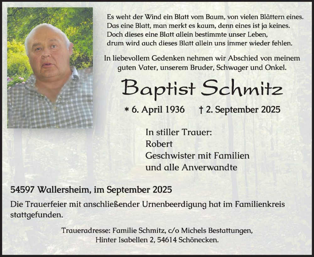  Traueranzeige für Baptist Schmitz vom 12.09.2025 aus WochenSpiegel