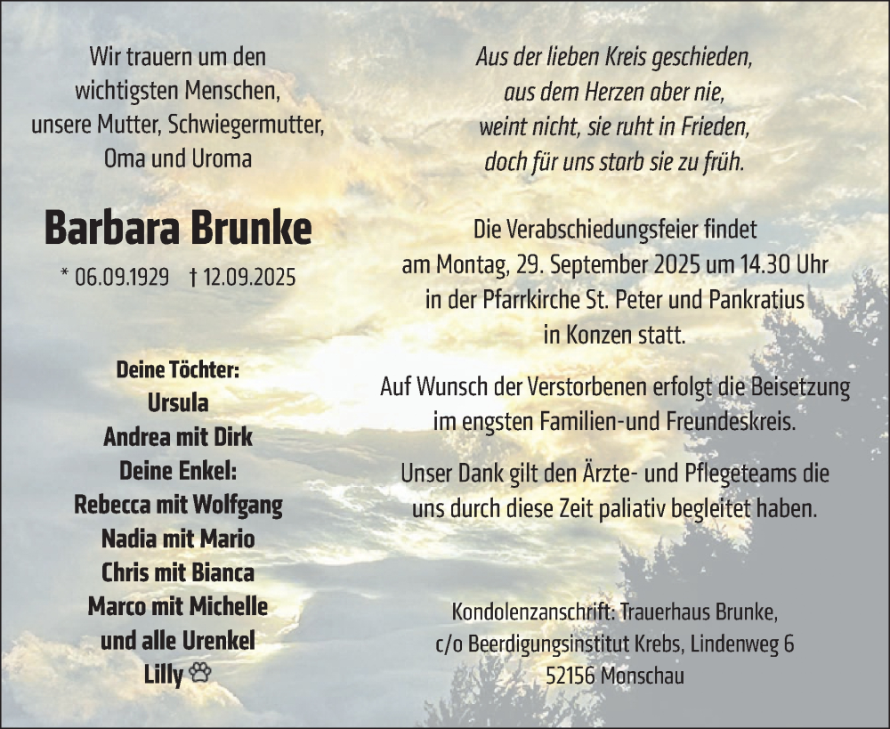  Traueranzeige für Barbara Brunke vom 17.09.2025 aus WochenSpiegel
