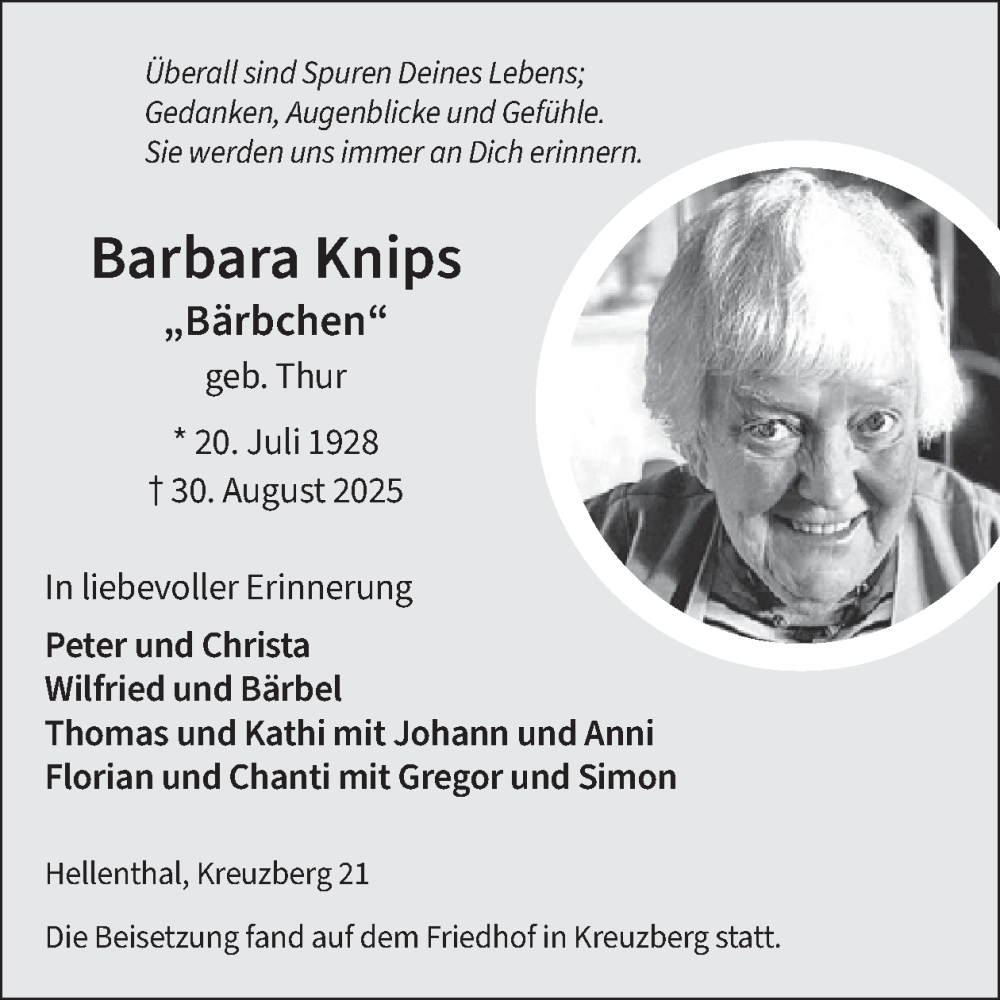 Traueranzeige für Barbara Knips vom 17.09.2025 aus WochenSpiegel