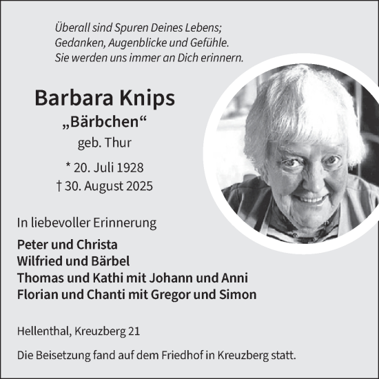 Traueranzeige von Barbara Knips von WochenSpiegel