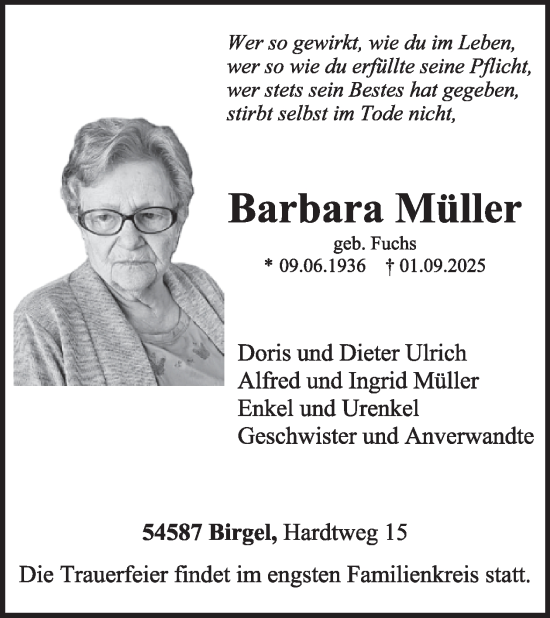 Traueranzeige von Barbara Müller von WochenSpiegel