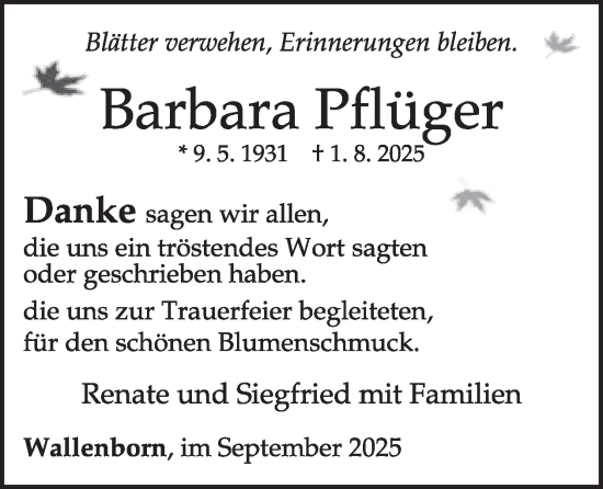 Traueranzeige von Barbara Pflüger von WochenSpiegel