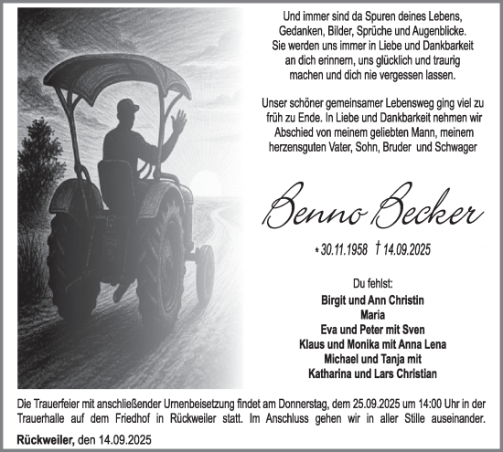 Traueranzeige von Benno Becker von WochenSpiegel