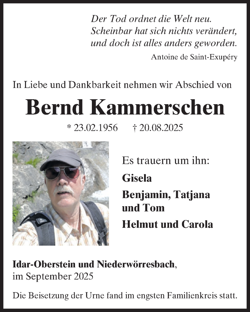  Traueranzeige für Bernd Kammerschen vom 06.09.2025 aus WochenSpiegel