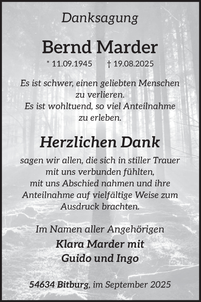  Traueranzeige für Bernd Marder vom 12.09.2025 aus WochenSpiegel