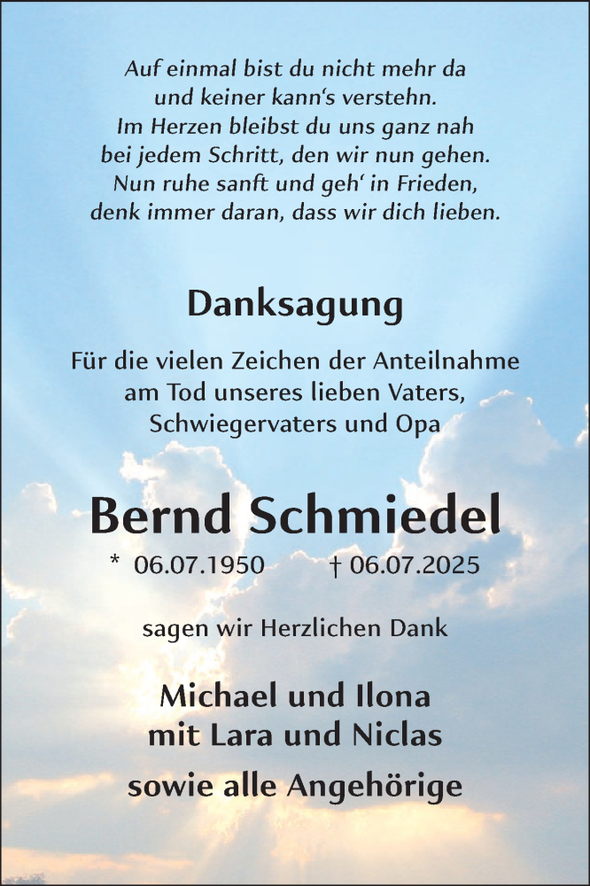  Traueranzeige für Bernd Schmiedel vom 26.09.2025 aus WochenSpiegel
