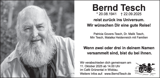 Traueranzeige von Bernd Tesch von WochenSpiegel