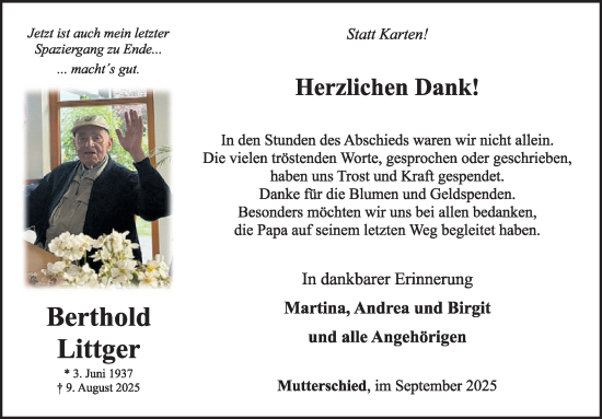 Traueranzeige von Berthold Littger von WochenSpiegel