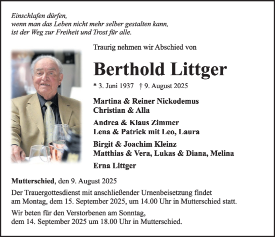 Traueranzeige von Berthold Littger von WochenSpiegel