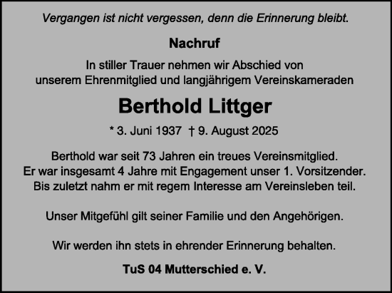Traueranzeige von Berthold Littger von WochenSpiegel