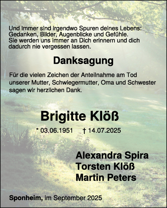 Traueranzeige von Brigitte Klöß von WochenSpiegel