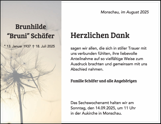 Traueranzeige von Brunhilde Schäfer von WochenSpiegel