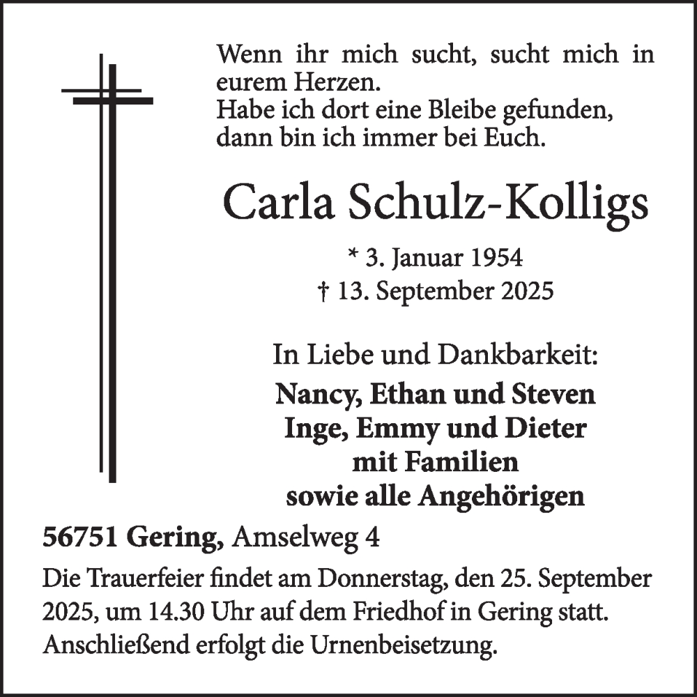  Traueranzeige für Carla Schulz-Kolligs vom 24.09.2025 aus WochenSpiegel