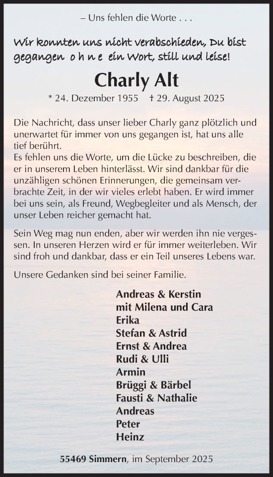 Traueranzeige von Charly Alt von WochenSpiegel
