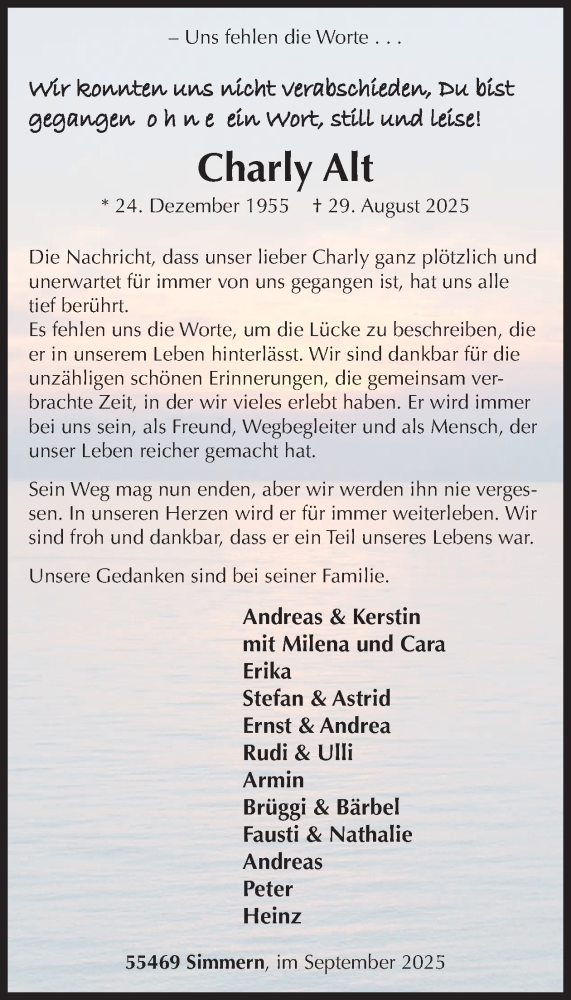  Traueranzeige für Charly Alt vom 06.09.2025 aus WochenSpiegel