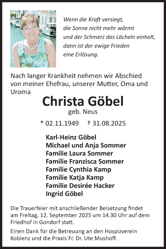 Traueranzeige von Christa Göbel von WochenSpiegel