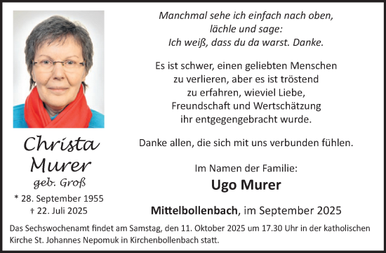 Traueranzeige von Christa Murer von WochenSpiegel