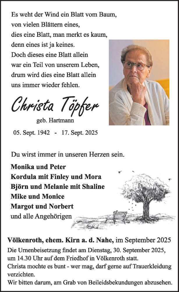  Traueranzeige für Christa Töpfer vom 27.09.2025 aus WochenSpiegel