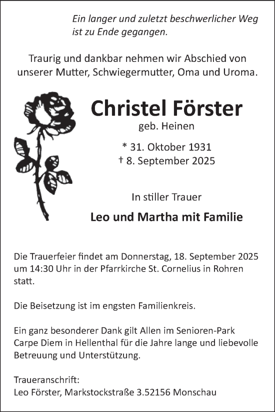 Traueranzeige von Christel Förster von WochenSpiegel