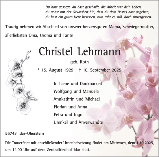 Traueranzeige von Christel Lehmann von WochenSpiegel
