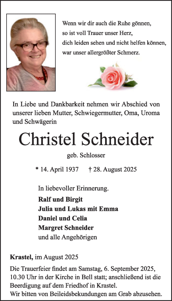 Traueranzeige von Christel Schneider von WochenSpiegel