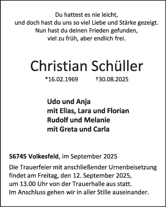 Traueranzeige von Christian Schüller von WochenSpiegel