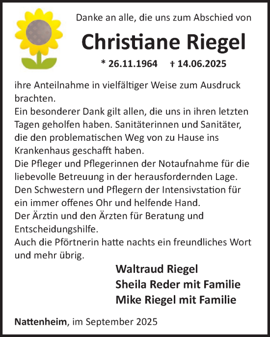 Traueranzeige von Christiane Riegel von WochenSpiegel