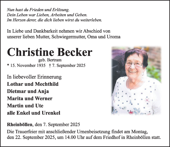 Traueranzeige von Christine Becker von WochenSpiegel