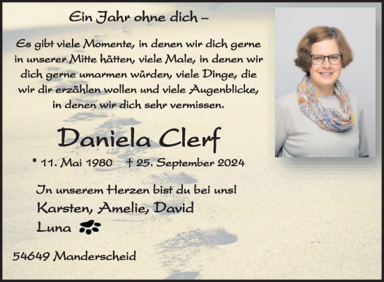 Traueranzeige von Daniela Clerf von WochenSpiegel