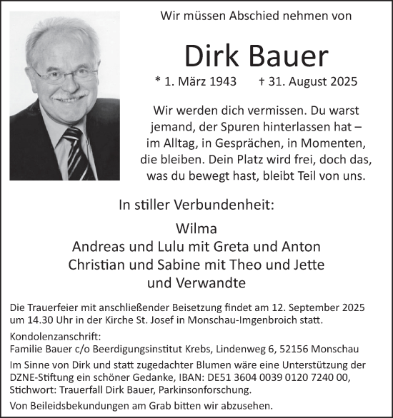 Traueranzeige von Dirk Bauer von WochenSpiegel