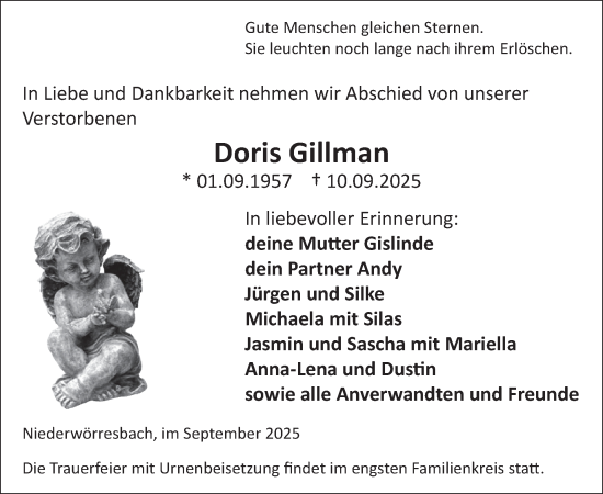 Traueranzeige von Doris Gillman von WochenSpiegel