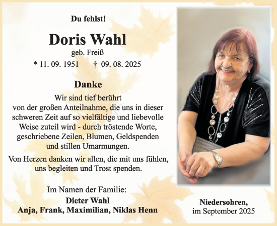 Traueranzeige von Doris Wahl von WochenSpiegel