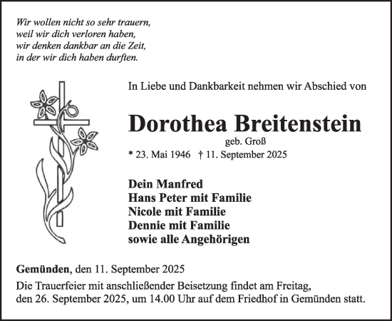 Traueranzeige von Dorothea Breitenstein von WochenSpiegel