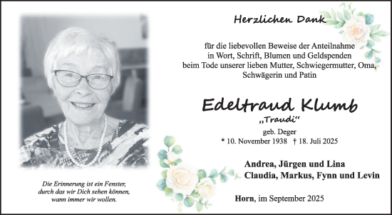 Traueranzeige von Edeltraud Klump von WochenSpiegel