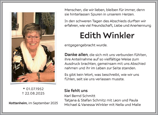 Traueranzeige von Edith Winkler von WochenSpiegel
