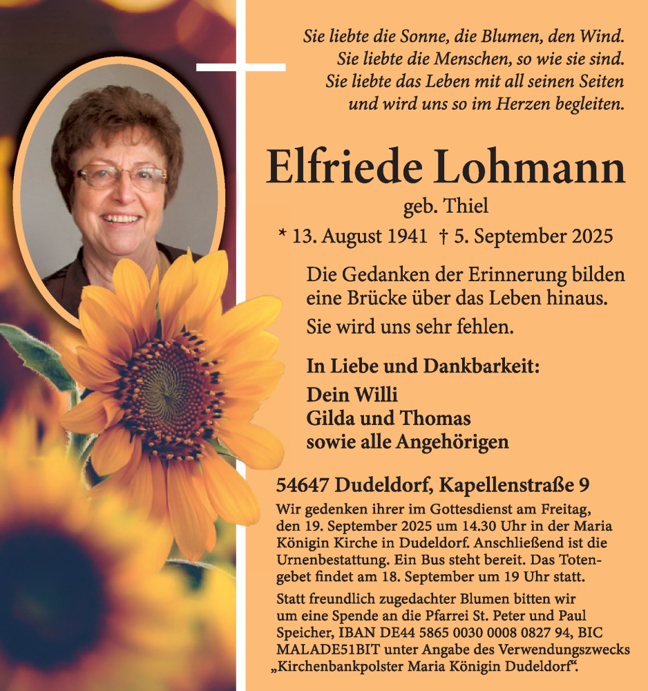  Traueranzeige für Elfriede Lohmann vom 12.09.2025 aus WochenSpiegel