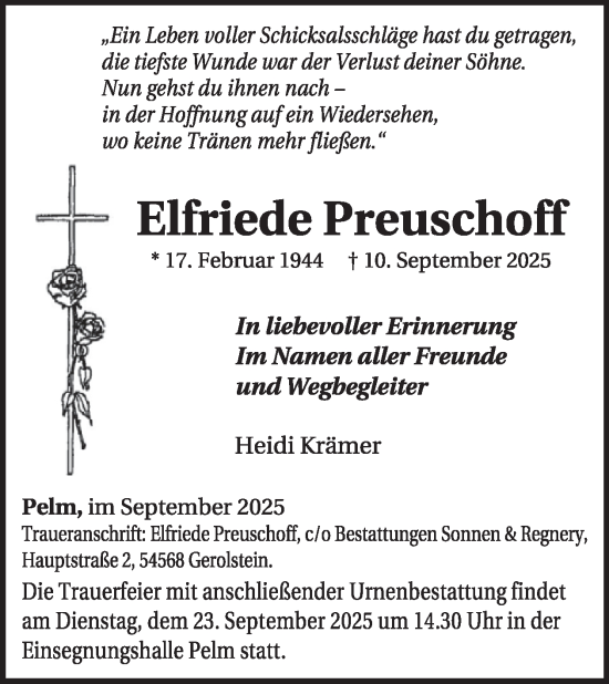 Traueranzeige von Elfriede Preuschoff von WochenSpiegel