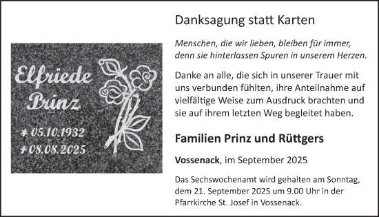 Traueranzeige von Elfriede Prinz von WochenSpiegel